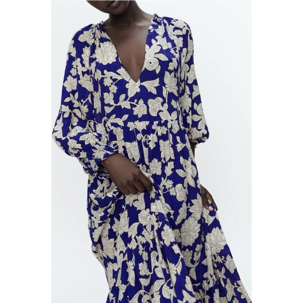 ZARA WOMAN FLORAL RUFFLED OVERSIZED MIDI DRESS BLUE SIZE S Party Travel Romantic